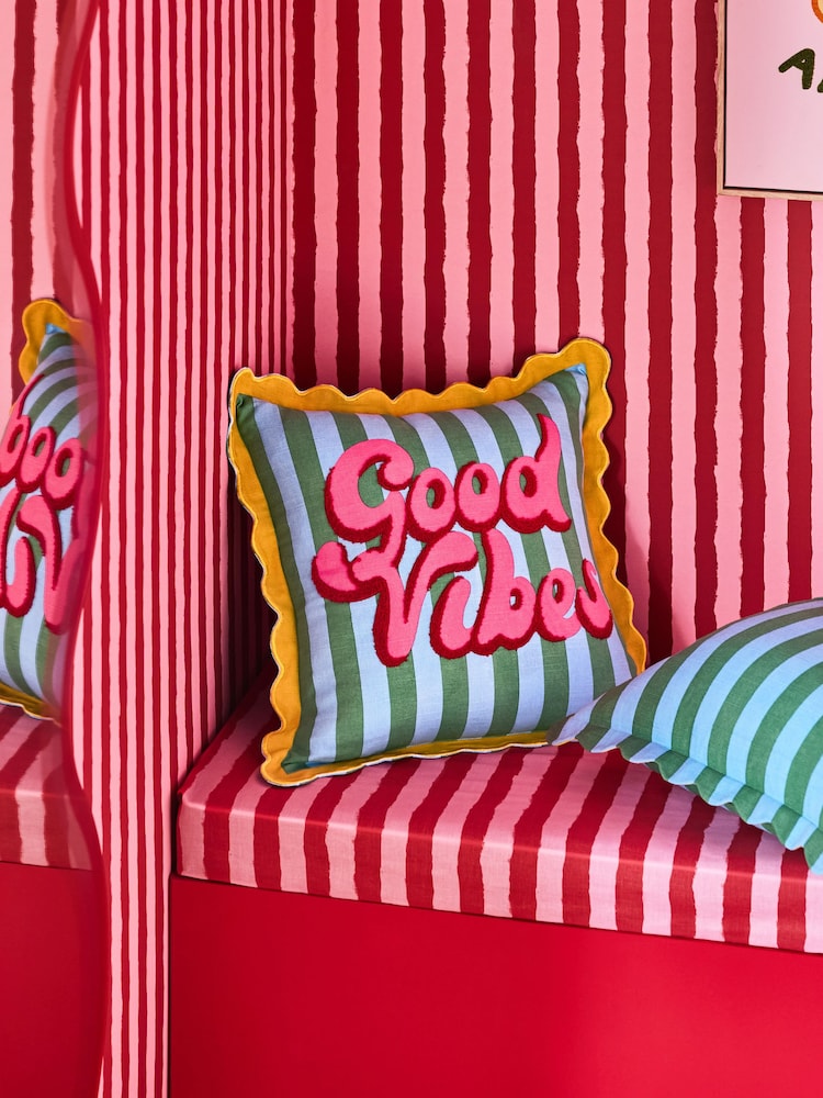 Eleanor Bowmer Blue/Green 100% Cotton Striped Good Vibes Scallop Edge Cushion - Image 1 of 5