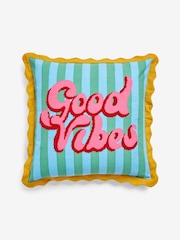 Eleanor Bowmer Blue/Green 100% Cotton Striped Good Vibes Scallop Edge Cushion - Image 3 of 5