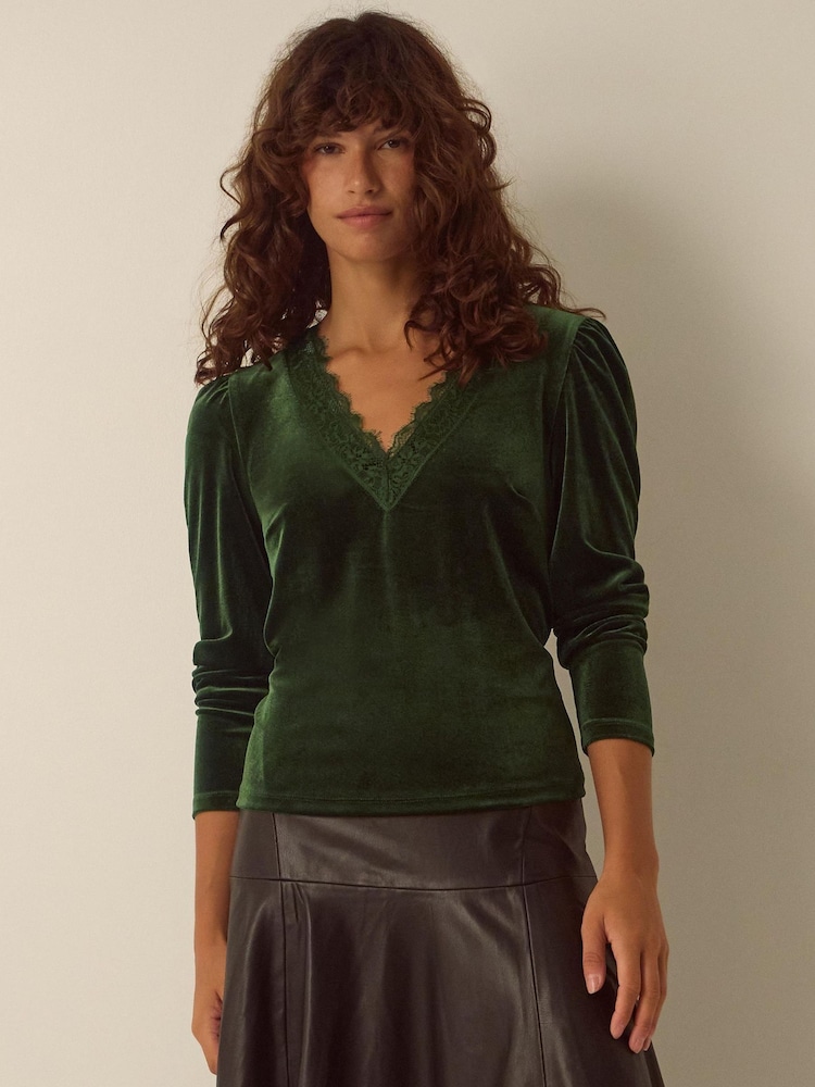 Πράσινο - Monsoon Lexi Lace Trim Velvet Top - Εικόνα 1 από 4