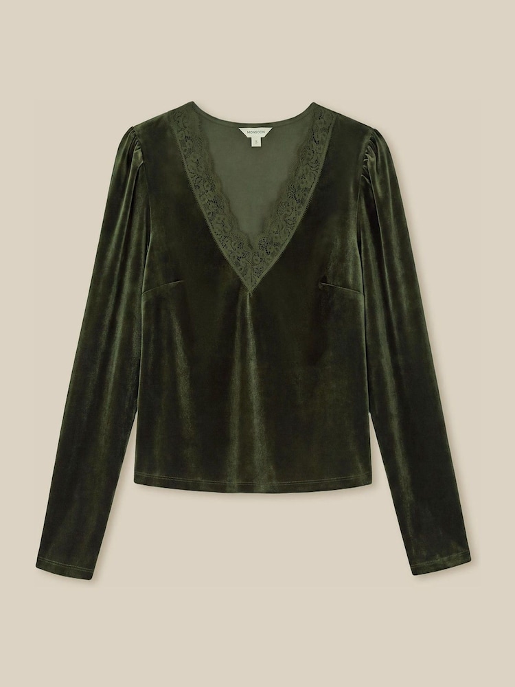 Πράσινο - Monsoon Lexi Lace Trim Velvet Top - Εικόνα 4 από 4