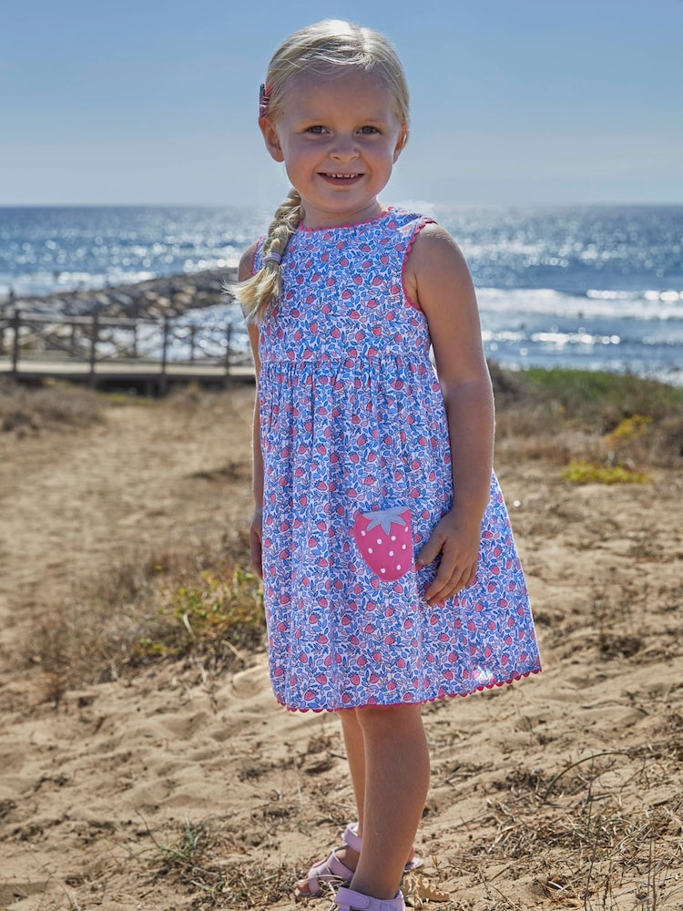 JoJo Maman Bébé Blue Strawberry Bloom Print & Strawberry Pockets Summer Dress - Image 1 of 7