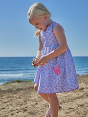 JoJo Maman Bébé Blue Strawberry Bloom Print & Strawberry Pockets Summer Dress - Image 2 of 7