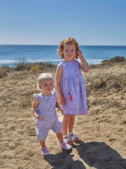 JoJo Maman Bébé Blue Strawberry Bloom Print & Strawberry Pockets Summer Dress - Image 3 of 7