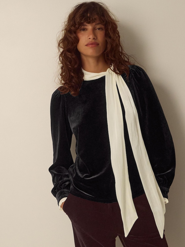 Monsoon Black Tia Tie Neck Velvet Top - Image 1 of 4 Monsoon Black Tia Tie Neck Velvet Top - Image 1 of 4