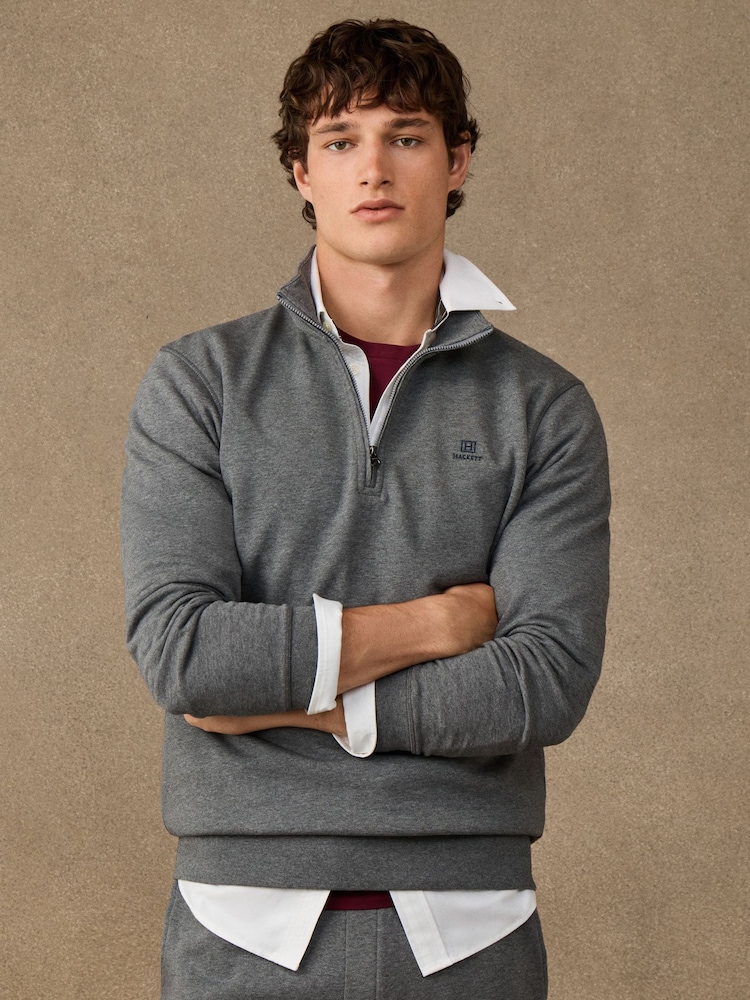 Hackett Grey Branded Cotton Quarter Zip Sweat Top - Image 1 of 5 Hackett Grey Branded Cotton Quarter Zip Sweat Top - Image 1 of 5