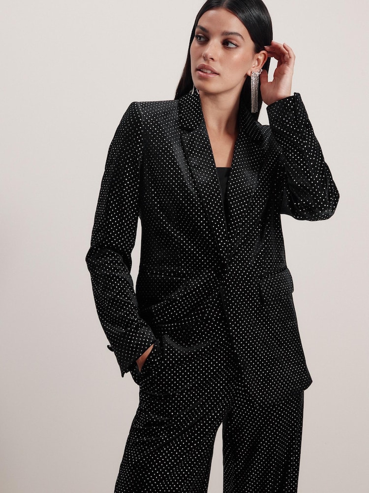Black Tailored Velvet Embellished Single Breasted Blazer - Image 1 of 8
