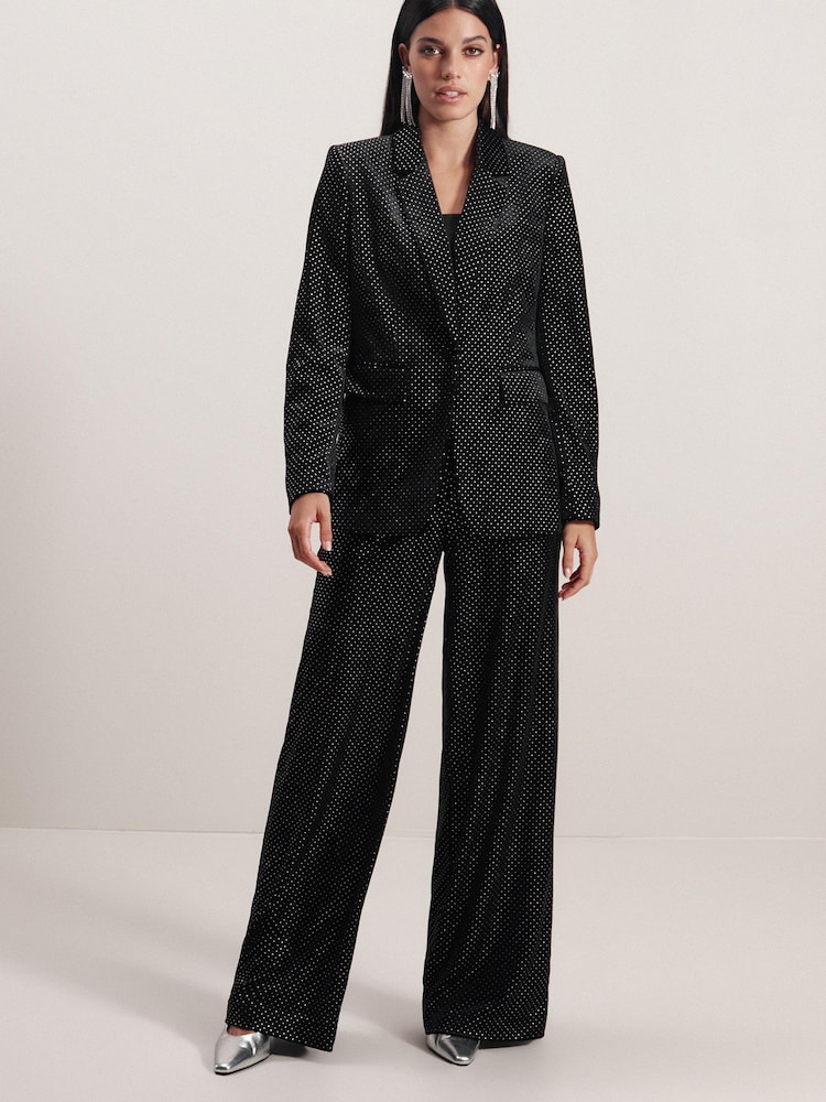 Black Tailored Velvet Embellished Single Breasted Blazer - Image 2 of 8