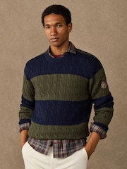 Hackett Blue Cotton Striped Cable Knit Crew Neck Jumper - Image 1 of 7
