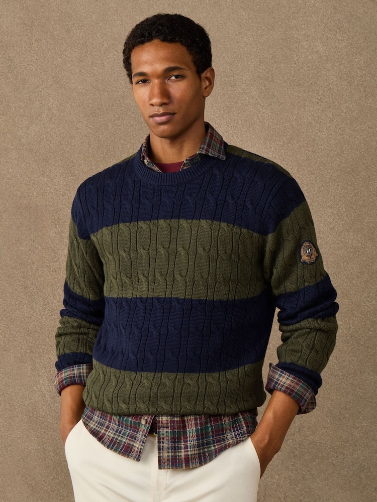 Hackett Blue Cotton Striped Cable Knit Crew Neck Jumper - Image 1 of 7