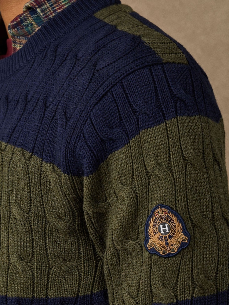 Hackett Blue Cotton Striped Cable Knit Crew Neck Jumper - Image 2 of 7