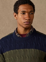 Hackett Blue Cotton Striped Cable Knit Crew Neck Jumper - Image 3 of 7