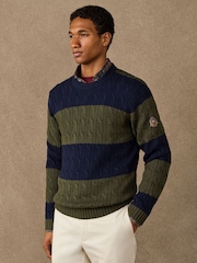 Hackett Blue Cotton Striped Cable Knit Crew Neck Jumper - Image 4 of 7