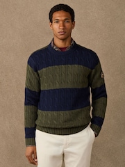 Hackett Blue Cotton Striped Cable Knit Crew Neck Jumper - Image 7 of 7