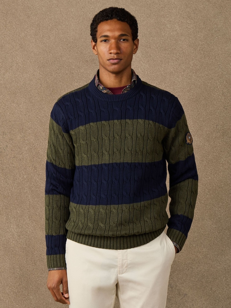 Hackett Blue Cotton Striped Cable Knit Crew Neck Jumper - Image 7 of 7