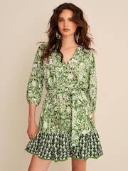 Green Floral Tie Waist Long Sleeve Mini Dress - Image 1 of 4