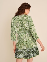 Green Floral Tie Waist Long Sleeve Mini Dress - Image 3 of 4