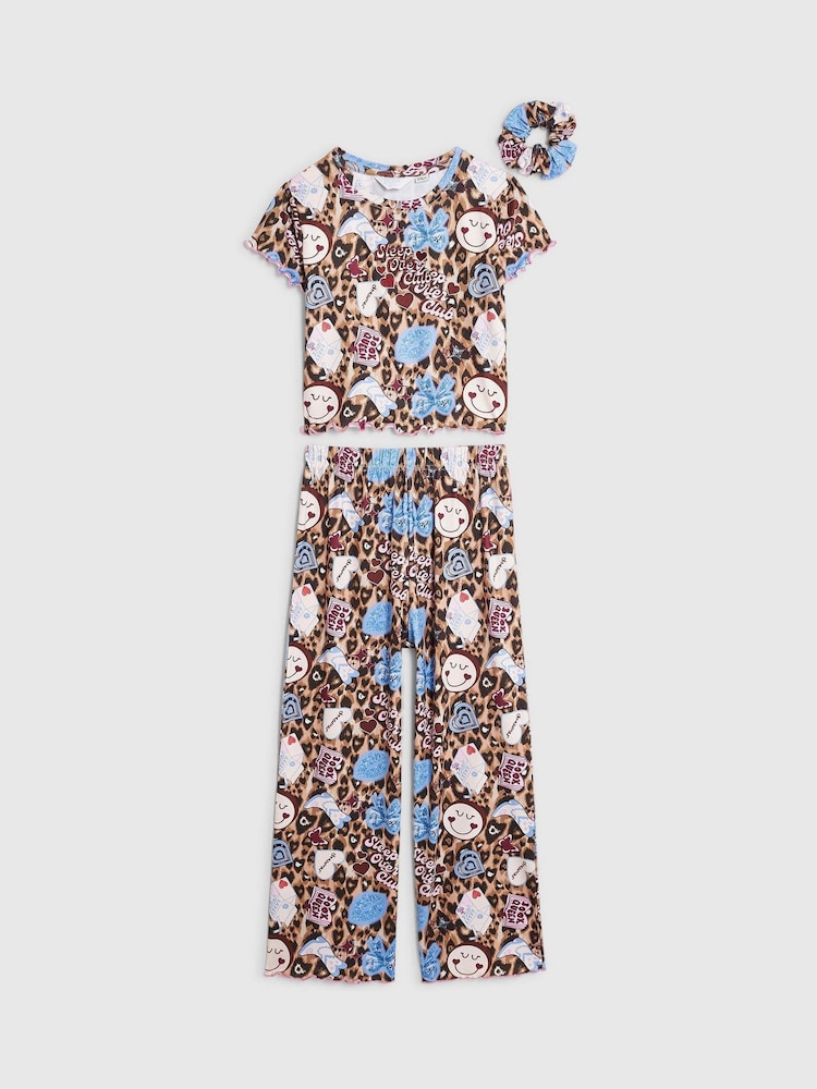 River Island Brown Leopard Stickers Pyjama Set - Image 1 of 4