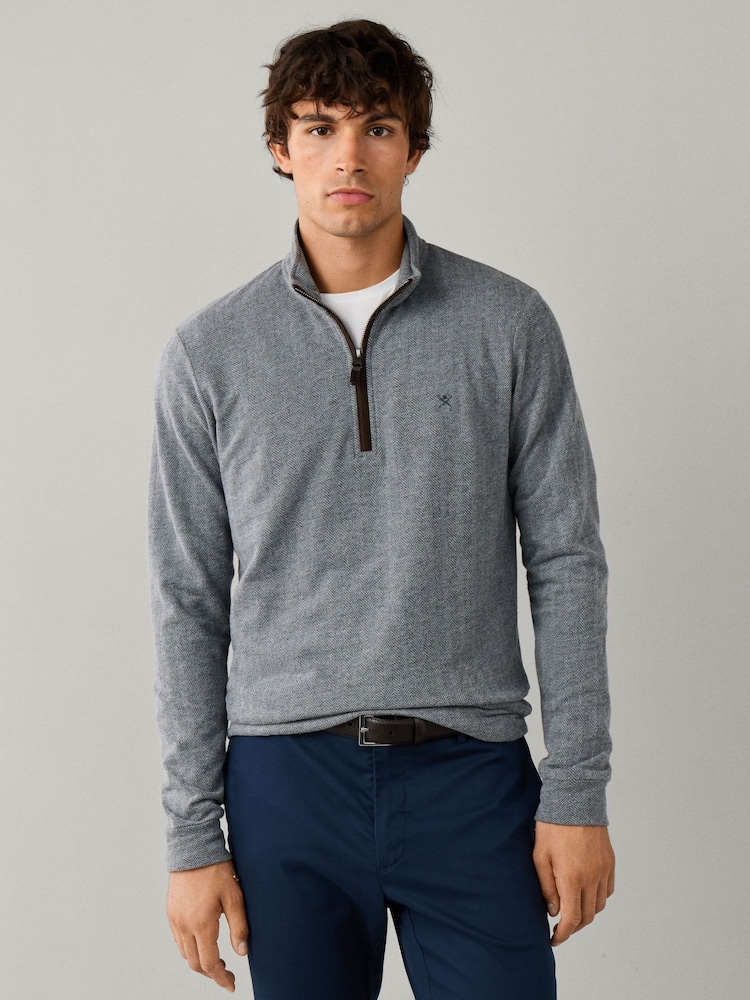 Hackett Grey Herringbone Quarter Zip Sweat Top - Image 1 of 6 Hackett Grey Herringbone Quarter Zip Sweat Top - Image 1 of 6