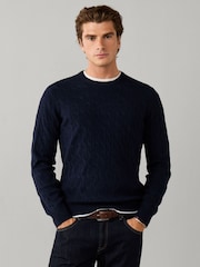 Hackett Blue Lambswool Cable Knit Crew Neck Jumper - Image 1 of 7