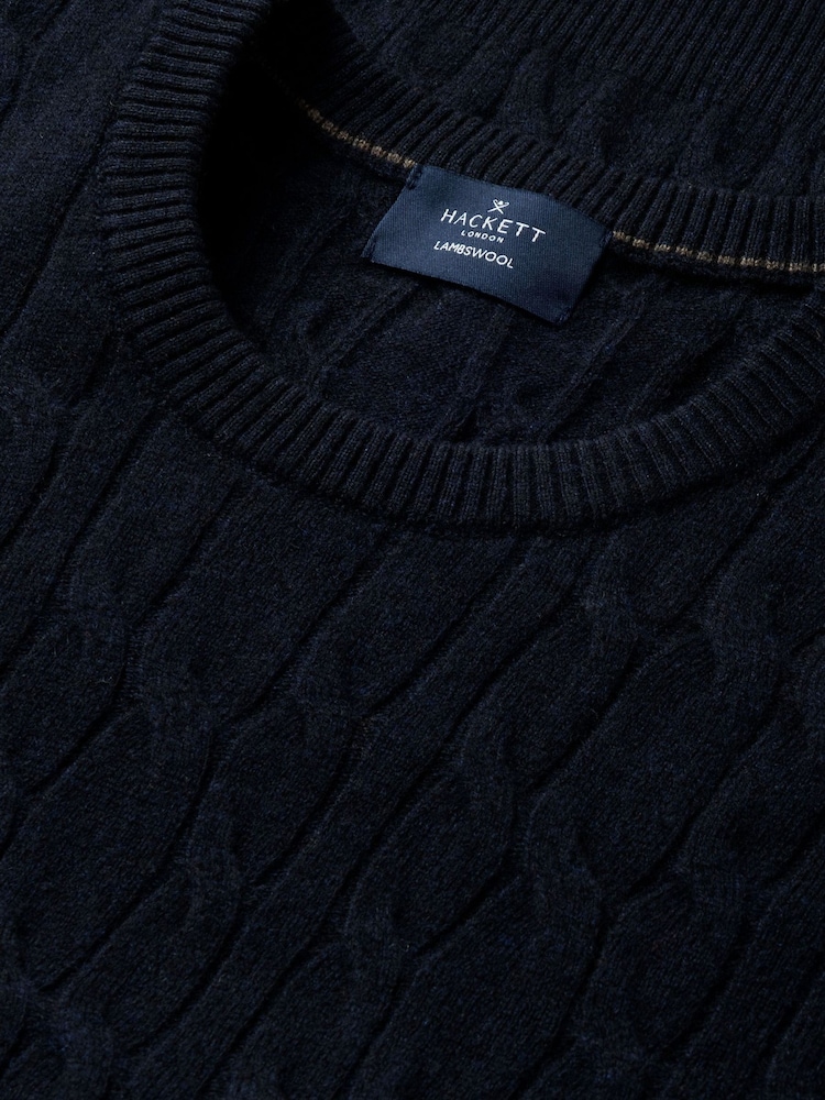 Hackett Blue Lambswool Cable Knit Crew Neck Jumper - Image 7 of 7