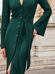 Sosandar Green Plisse Flared Sleeve Shirt Dress - Image 5 of 5