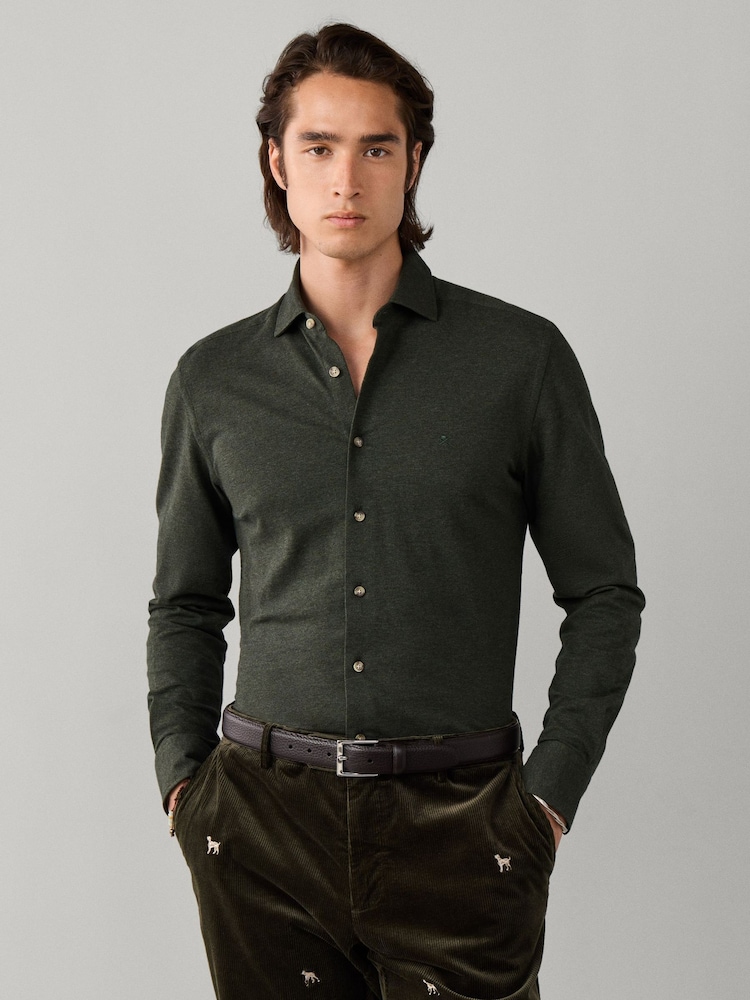 Hackett Green Tailored Fit Melange Jersey Shirt - Image 1 of 4 Hackett Green Tailored Fit Melange Jersey Shirt - Image 1 of 4