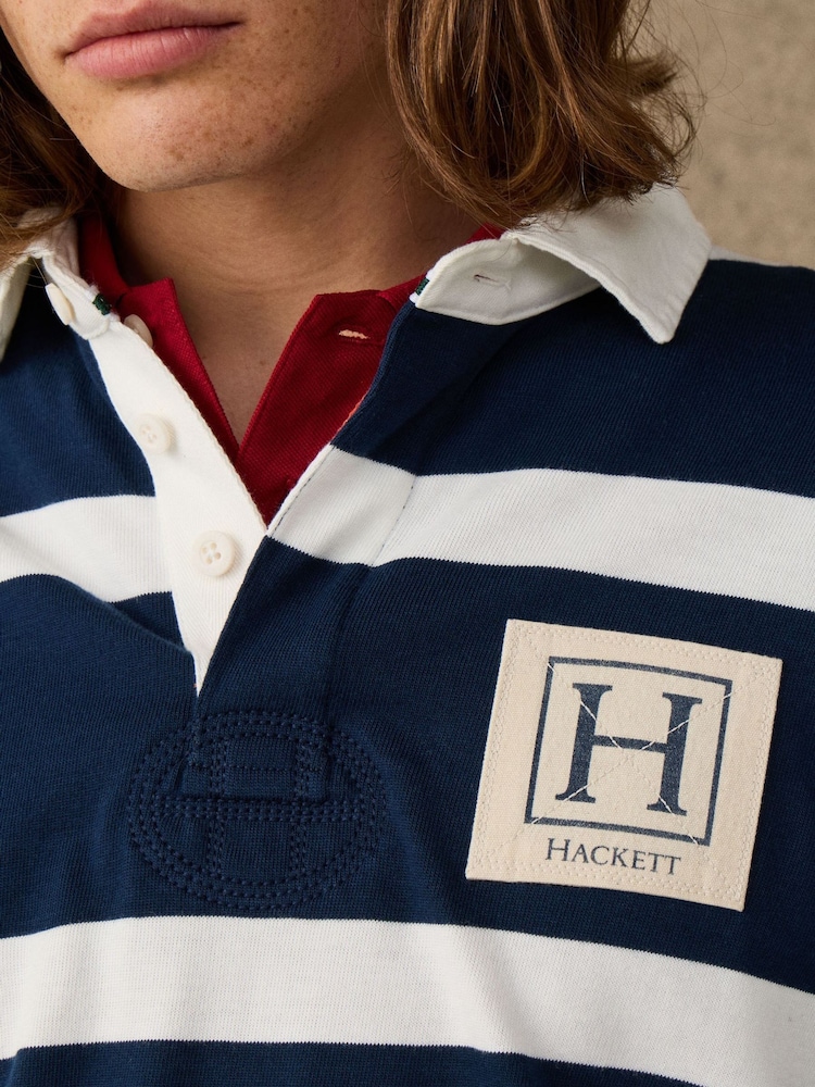 Hackett Blue Classic Fit Branded Striped Rugby Polo Shirt - Image 2 of 6 Hackett Blue Classic Fit Branded Striped Rugby Polo Shirt - Image 2 of 6