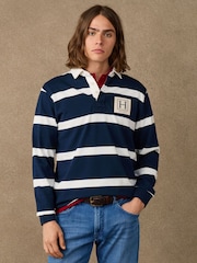 Hackett Blue Classic Fit Branded Striped Rugby Polo Shirt - Image 3 of 6