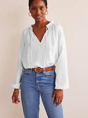 Boden White Broderie Tie-Neck Linen Top - Image 1 of 5