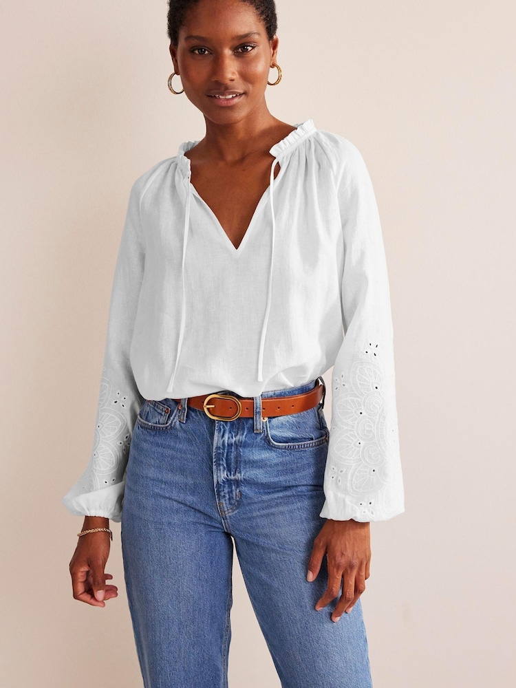 Boden White Broderie Tie-Neck Linen Top - Image 1 of 5