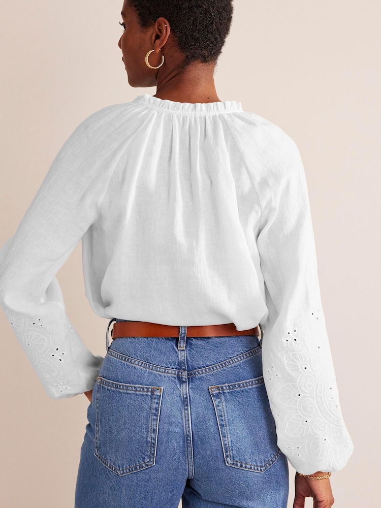 Boden White Broderie Tie-Neck Linen Top - Image 2 of 5
