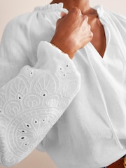 Boden White Broderie Tie-Neck Linen Top - Image 4 of 5