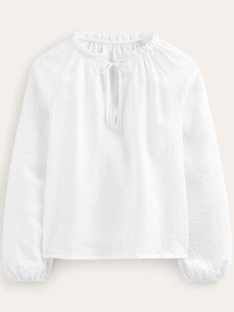 Boden White Broderie Tie-Neck Linen Top - Image 5 of 5 Boden White Broderie Tie-Neck Linen Top - Image 5 of 5