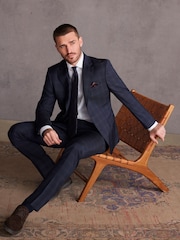 Navy Blue Slim Navy Blue Signature Tollegno Wool Check Suit Jacket - Image 1 of 10