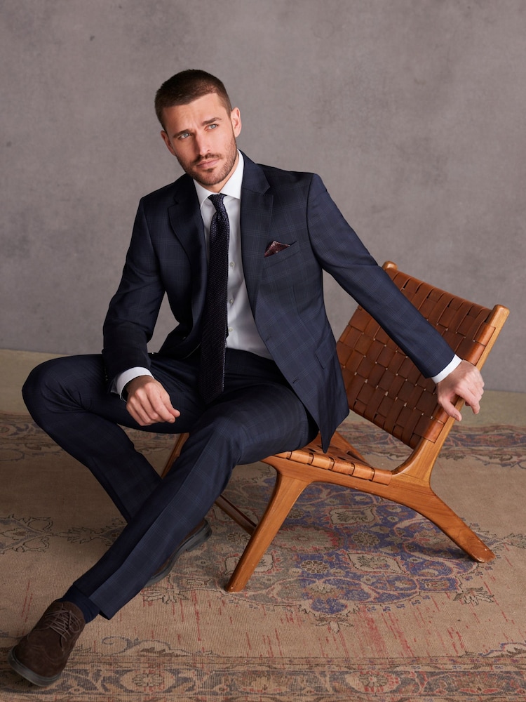 Navy Blue Slim Navy Blue Signature Tollegno Wool Check Suit Jacket - Image 1 of 10
