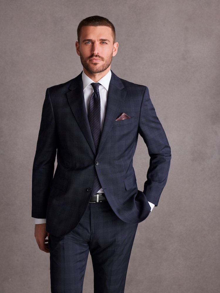 Navy Blue Slim Navy Blue Signature Tollegno Wool Check Suit Jacket - Image 2 of 10