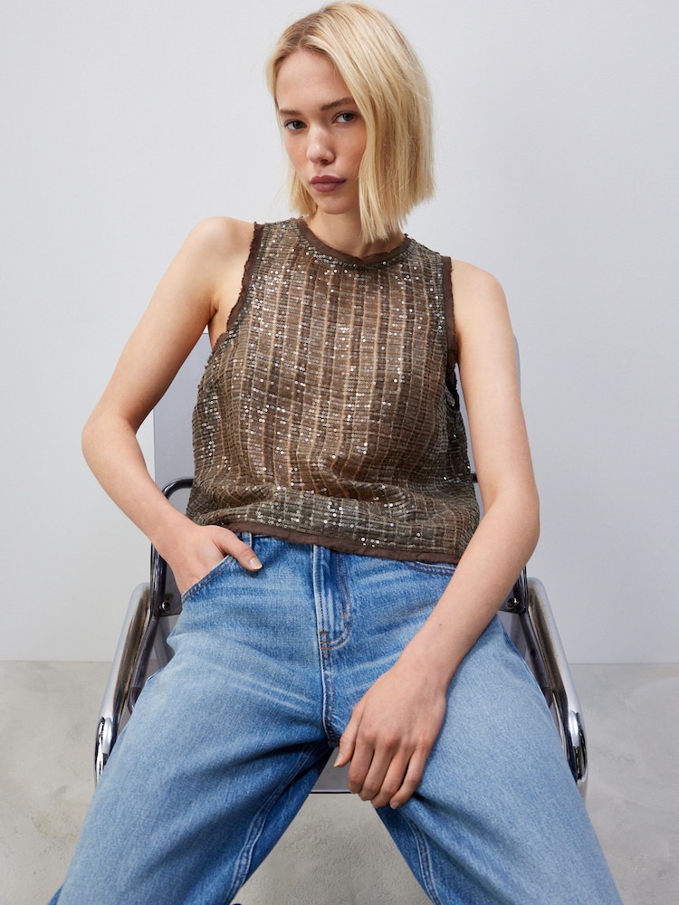 Зеленый хаки - Топ без рукава Sequin Tank Top - Image 2 of 6