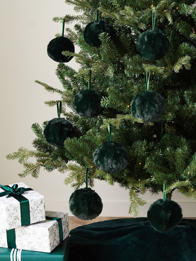 Set of 9 Green Faux Fur Christmas Baubles - Image 1 of 5