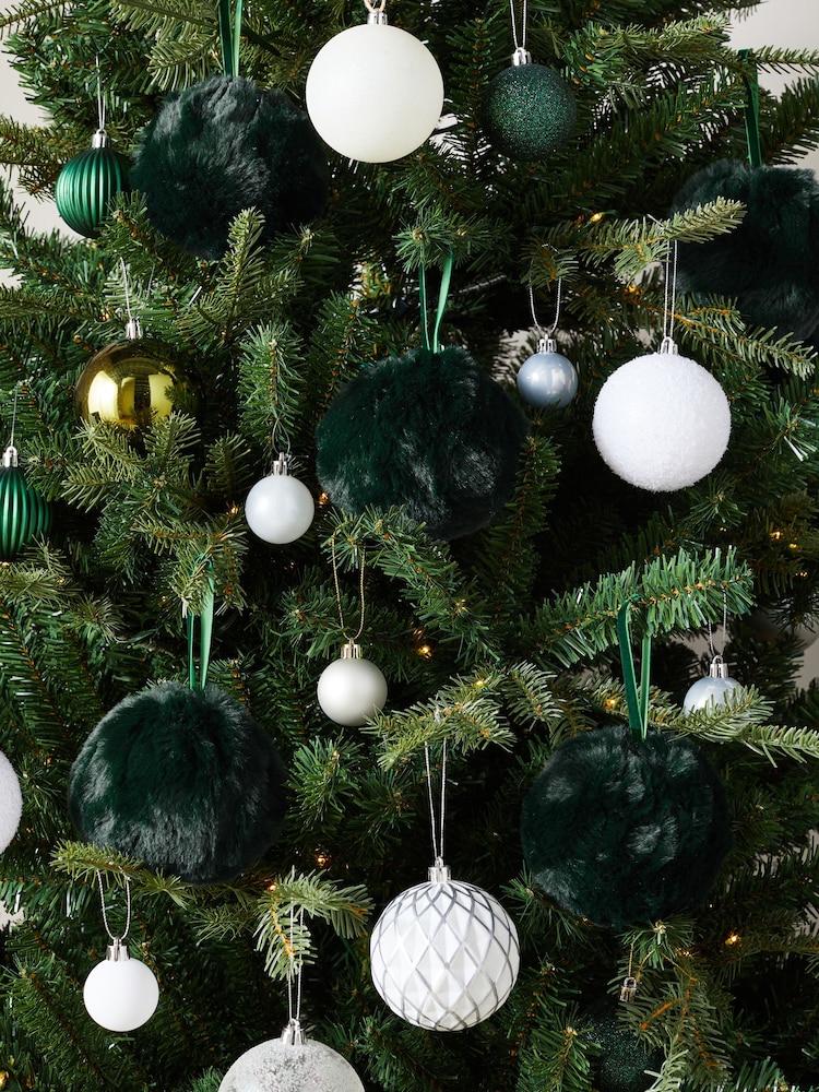 Set of 9 Green Faux Fur Christmas Baubles - Image 2 of 5