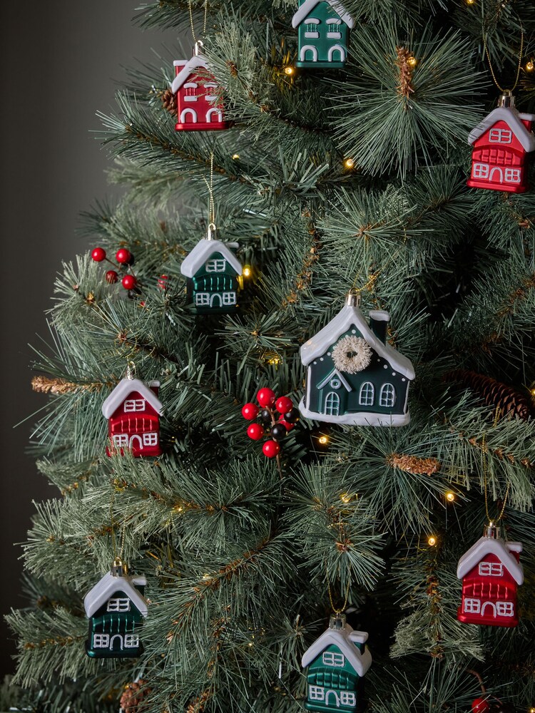 Set of 9 Green/Red House Christmas Baubles - Image 1 of 5