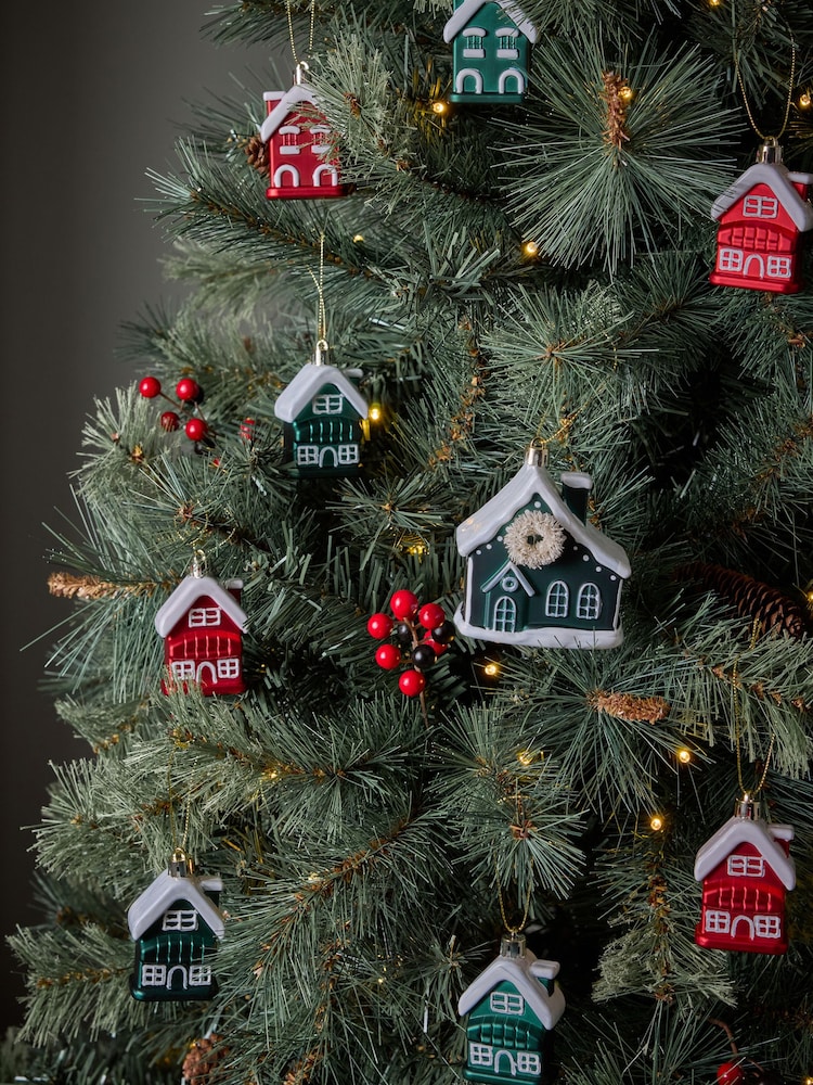 Set of 9 Green/Red House Christmas Baubles - Image 1 of 5 Set of 9 Green/Red House Christmas Baubles - Image 1 of 5
