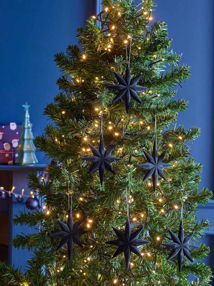Set of 6 Navy Blue Flock Star Christmas Baubles - Image 1 of 5 Set of 6 Navy Blue Flock Star Christmas Baubles - Image 1 of 5