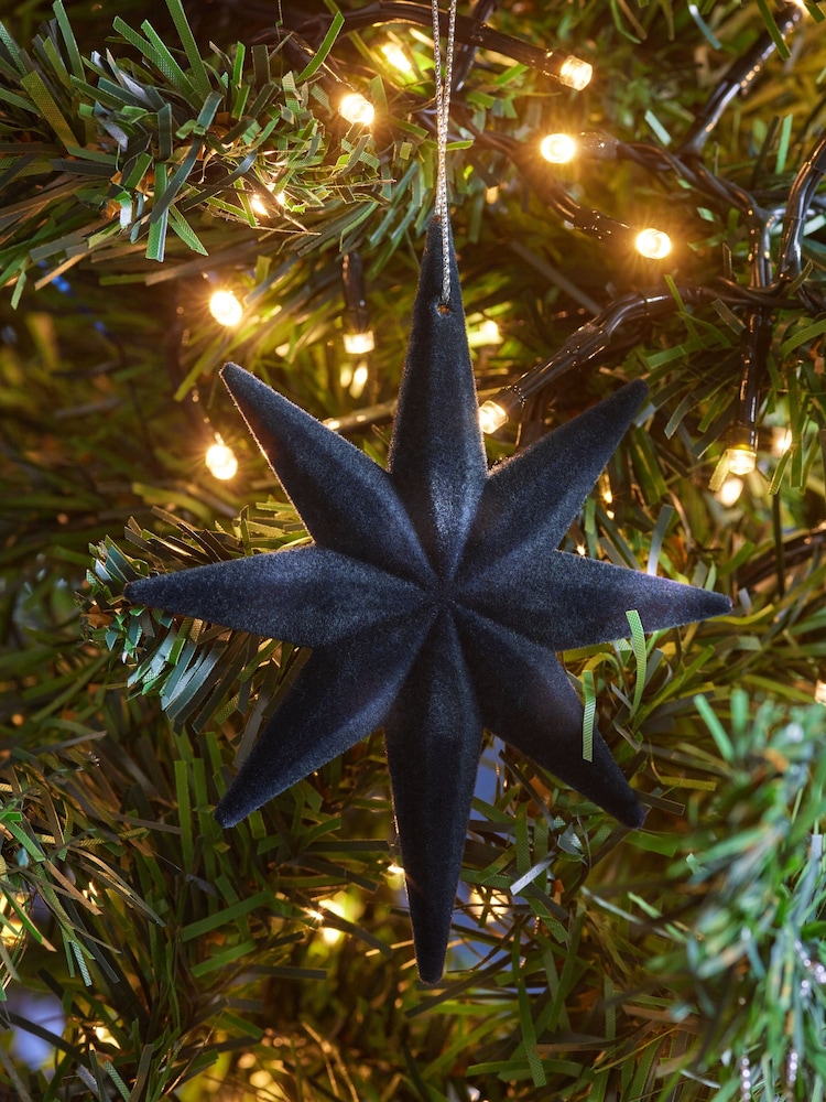 Set of 6 Navy Blue Flock Star Christmas Baubles - Image 2 of 5