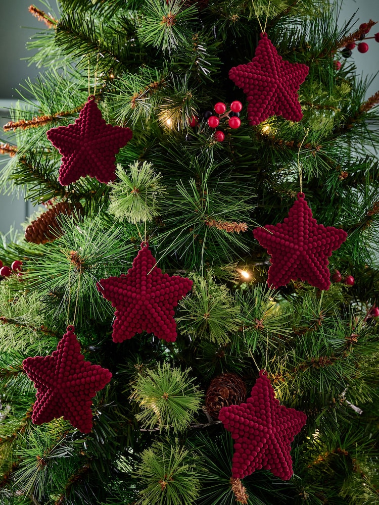 Set of 6 Burgundy Red Flock Star Baubles - Image 1 of 4