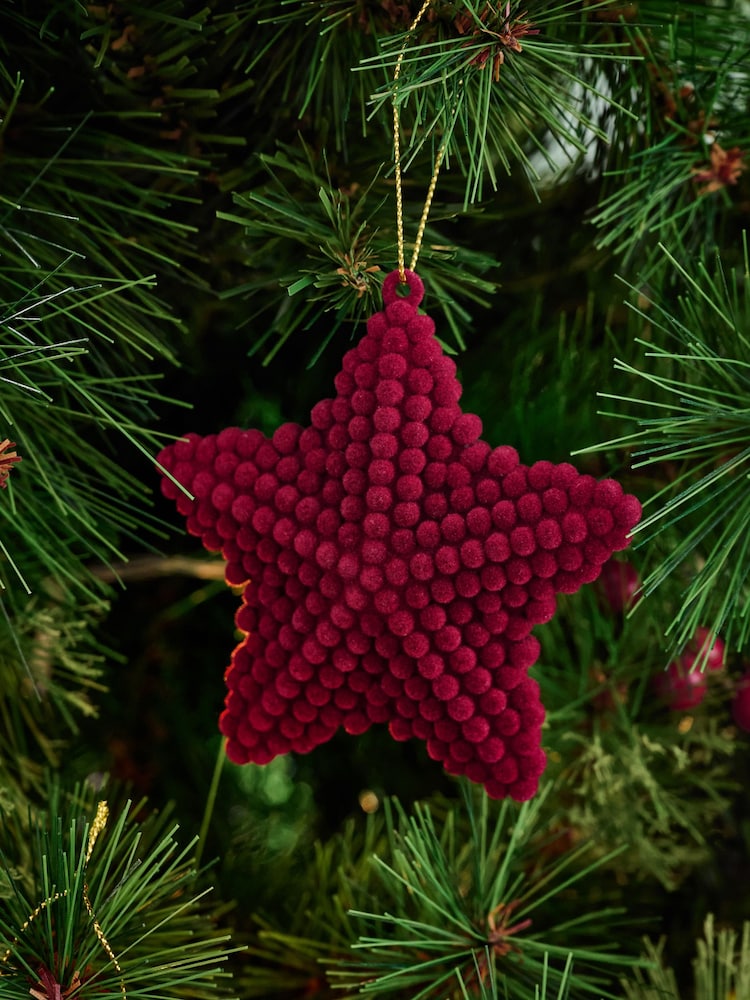 Set of 6 Burgundy Red Flock Star Baubles - Image 2 of 4