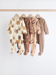 Tan Brown Bear Baby Zipped Sleepsuits 4 Pack (0mths-2yrs) - Image 1 of 11
