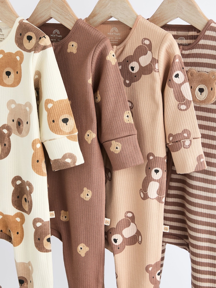 Tan Brown Bear Baby Zipped Sleepsuits 4 Pack (0mths-2yrs) - Image 3 of 11