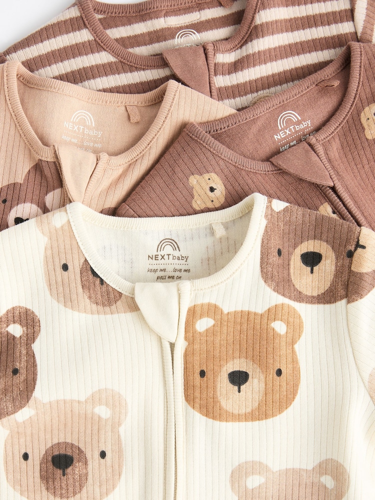 Tan Brown Bear Baby Zipped Sleepsuits 4 Pack (0mths-2yrs) - Image 4 of 11