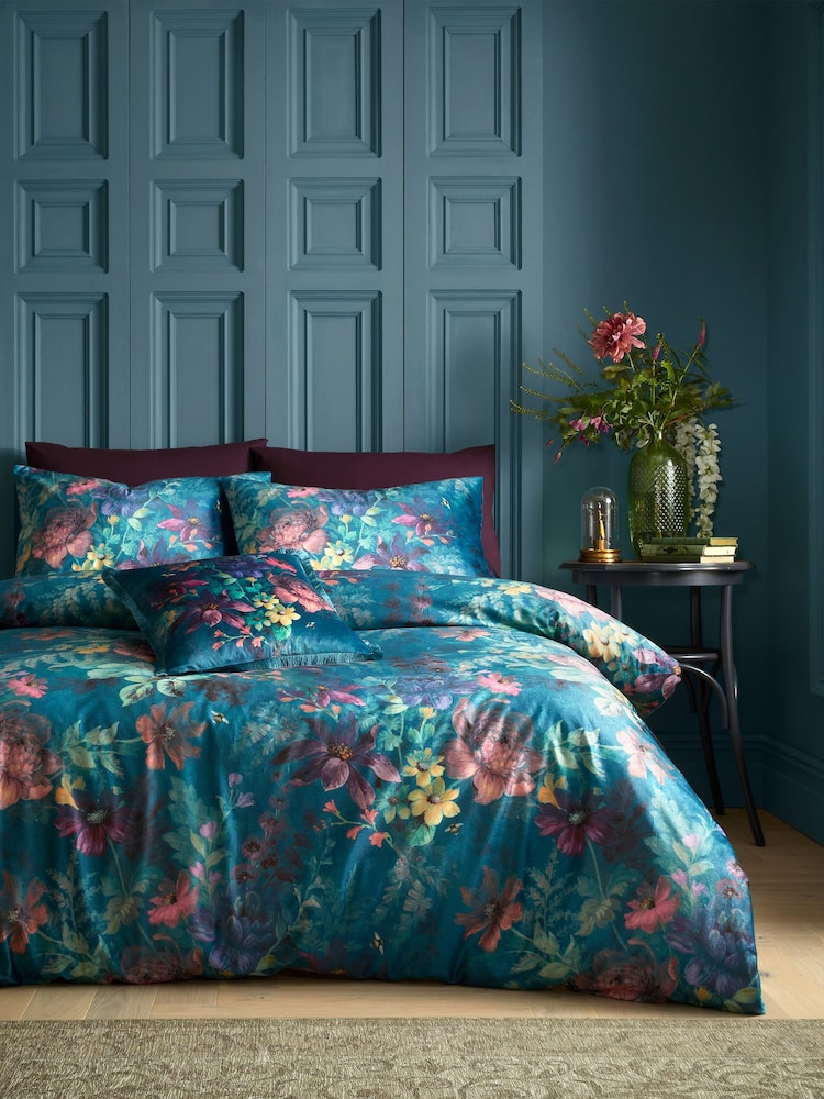 Bridgerton by Catherine Lansfield Green Romantic Floral Soft Velvet Duvet Cover Set - Image 1 of 4