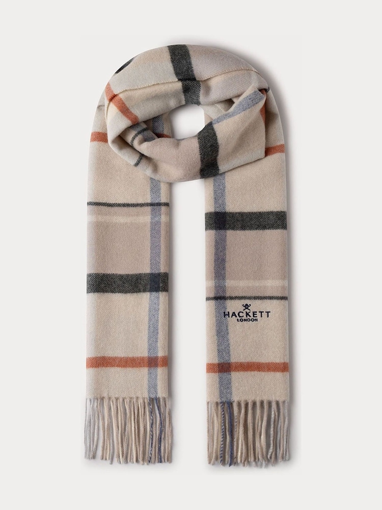Hackett Brown Wool-Cashmere Branded Plaid Scarf - Image 1 of 3 Hackett Brown Wool-Cashmere Branded Plaid Scarf - Image 1 of 3